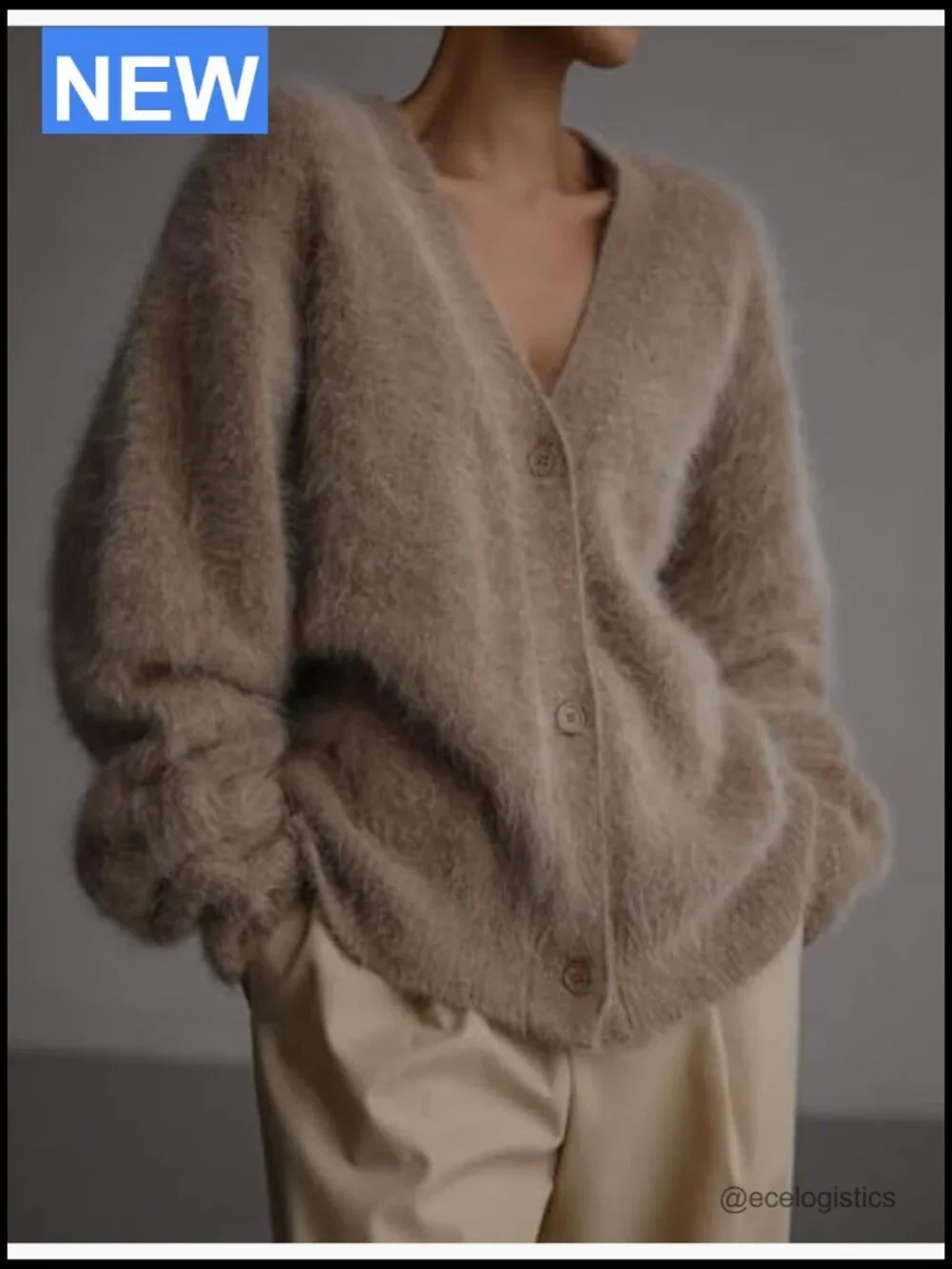 Fuzzy V-Neck Cardigan Sweater Long Sleeve Button Down Drop Shoulder